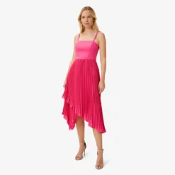 Asymmetrical Pleated Midi-Length Dress In Watermelon Bliss -Cheap Vesta Gleam Store MN1E207308 AH660 Regular Alternate