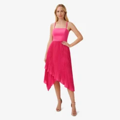 Asymmetrical Pleated Midi-Length Dress In Watermelon Bliss -Cheap Vesta Gleam Store MN1E207308 AH660 Regular Side