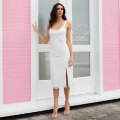 Crochet-Embroidered Midi-Length Sheath Cocktail Dress In Ivory -Cheap Vesta Gleam Store MN1E207314 AC194 Regular Default