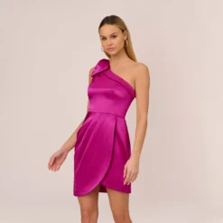 One-Shoulder Satin Charmeuse Asymmetrical Short Sheath Cocktail Dress In Magenta