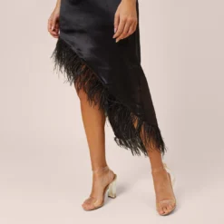One-Shoulder Satin Dress With Feather Trim In Black -Cheap Vesta Gleam Store MN1E207482 AA002 Regular Alternate