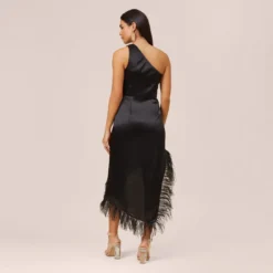 One-Shoulder Satin Dress With Feather Trim In Black -Cheap Vesta Gleam Store MN1E207482 AA002 Regular Back