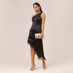 One-Shoulder Satin Dress With Feather Trim In Black -Cheap Vesta Gleam Store MN1E207482 AA002 Regular Lifestyle