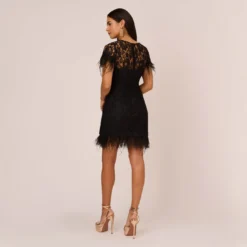 Floral Lace And Feather Trimmed Short Sheath Cocktail Dress In Black -Cheap Vesta Gleam Store MN1E207483 AA002 Regular Back