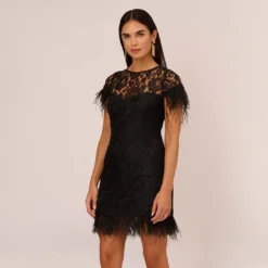 Floral Lace And Feather Trimmed Short Sheath Cocktail Dress In Black