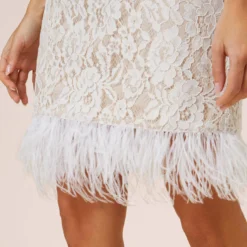 Floral Lace And Feather Trimmed Short Sheath Cocktail Dress In Ivory -Cheap Vesta Gleam Store MN1E207483 AC194 Regular Alternate