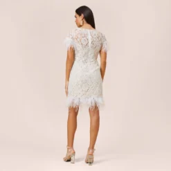 Floral Lace And Feather Trimmed Short Sheath Cocktail Dress In Ivory -Cheap Vesta Gleam Store MN1E207483 AC194 Regular Back