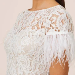 Floral Lace And Feather Trimmed Short Sheath Cocktail Dress In Ivory -Cheap Vesta Gleam Store MN1E207483 AC194 Regular Side