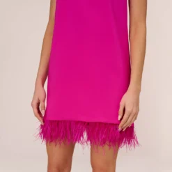 Feather Trimmed Crepe Short Cocktail Trapeze Halter Dress In Pink Flame -Cheap Vesta Gleam Store MN1E207564 AR670 Regular Lifestyle