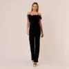 Feather Trimmed Strapless Velvet Jumpsuit In Black
