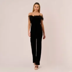 Feather Trimmed Strapless Velvet Jumpsuit In Black