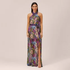 Floral-Print Metallic Crinkled Mesh Long Halter Tiered Dress In Magenta