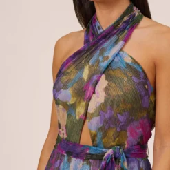 Floral-Print Metallic Crinkled Mesh Long Halter Tiered Dress In Magenta -Cheap Vesta Gleam Store MN1E207665 AA670 Regular Side