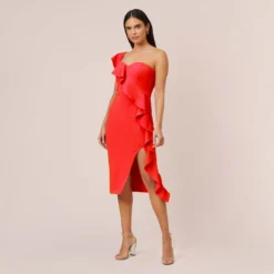 Stretch Crepe Strapless Midi-Length Sheath Cocktail Dress With Ruffle In Flame Red