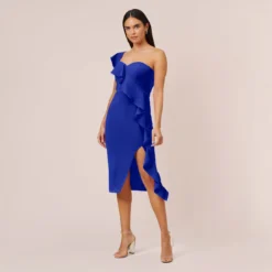 Stretch Crepe Strapless Midi-Length Sheath Cocktail Dress With Ruffle In Royal Sapphire
