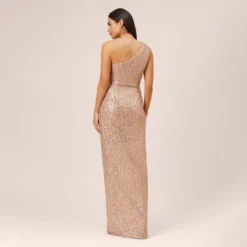 Sequined One-Shoulder Long Column Dress With Side Sash In Rose Gold -Cheap Vesta Gleam Store MN1E207825 AA958 Regular Back