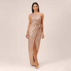 Sequined One-Shoulder Long Column Dress With Side Sash In Rose Gold