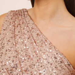 Sequined One-Shoulder Long Column Dress With Side Sash In Rose Gold -Cheap Vesta Gleam Store MN1E207825 AA958 Regular Side