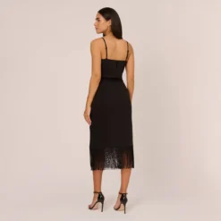 Crepe Popover Midi Dress With Fringe Trim In Black -Cheap Vesta Gleam Store MN1E208002 AA002 Regular Back