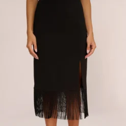 Crepe Popover Midi Dress With Fringe Trim In Black -Cheap Vesta Gleam Store MN1E208002 AA002 Regular Lifestyle
