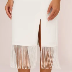 Crepe Popover Midi Dress With Fringe Trim In Ivory -Cheap Vesta Gleam Store MN1E208002 AA194 Regular Lifestyle