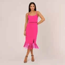 Crepe Popover Midi Dress With Fringe Trim In Lipstick