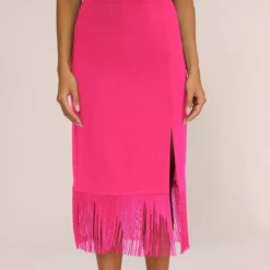Crepe Popover Midi Dress With Fringe Trim In Lipstick -Cheap Vesta Gleam Store MN1E208002 AA671 Regular Lifestyle