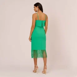 Crepe Popover Midi Dress With Fringe Trim In Summer Green -Cheap Vesta Gleam Store MN1E208002 AI314 Regular Back