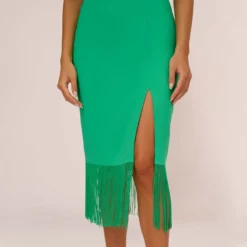 Crepe Popover Midi Dress With Fringe Trim In Summer Green -Cheap Vesta Gleam Store MN1E208002 AI314 Regular Lifestyle