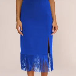 Crepe Popover Midi Dress With Fringe Trim In Royal Sapphire -Cheap Vesta Gleam Store MN1E208002 AN401 Regular Lifestyle