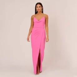 Cowl Neck Column Gown With Draped Details In Pink Parfait