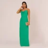 Cowl Neck Crepe Column Gown With Pearl Straps In Summer Green