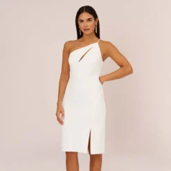 One Shoulder Crepe Dress With Cutout Neckline In Ivory