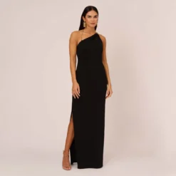 Asymmetrical Crepe Column Gown With Chain Straps In Black