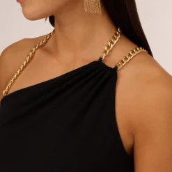 Asymmetrical Crepe Column Gown With Chain Straps In Black -Cheap Vesta Gleam Store MN1E208143 AA002 Regular Detail