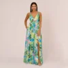 Tropical Printed Chiffon Dress With Wrap Details In Green Multi