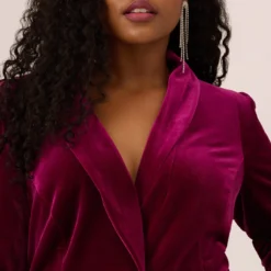 Plus Size Long Sleeve Velvet Tuxedo Dress With Feather Hem In Magenta -Cheap Vesta Gleam Store MN1E208384 AA520 Plus Detail