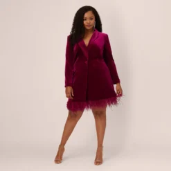 Plus Size Long Sleeve Velvet Tuxedo Dress With Feather Hem In Magenta -Cheap Vesta Gleam Store MN1E208384 AA520 Plus Front