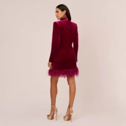 Long Sleeve Velvet Tuxedo Dress With Feather Hem In Magenta -Cheap Vesta Gleam Store MN1E208384 AA520 Regular Back