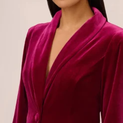 Long Sleeve Velvet Tuxedo Dress With Feather Hem In Magenta -Cheap Vesta Gleam Store MN1E208384 AA520 Regular Detail