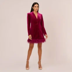 Long Sleeve Velvet Tuxedo Dress With Feather Hem In Magenta -Cheap Vesta Gleam Store MN1E208384 AA520 Regular Front