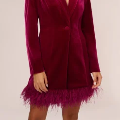 Long Sleeve Velvet Tuxedo Dress With Feather Hem In Magenta -Cheap Vesta Gleam Store MN1E208384 AA520 Regular Lifestyle