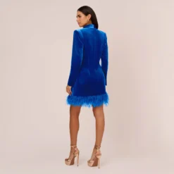 Long Sleeve Velvet Tuxedo Dress With Feather Hem In Deep Ocean -Cheap Vesta Gleam Store MN1E208384 AT414 Regular Back
