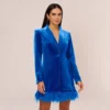 Long Sleeve Velvet Tuxedo Dress With Feather Hem In Deep Ocean