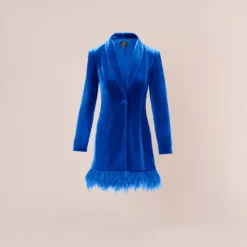 Long Sleeve Velvet Tuxedo Dress With Feather Hem In Deep Ocean -Cheap Vesta Gleam Store MN1E208384 AT414 Regular Flat