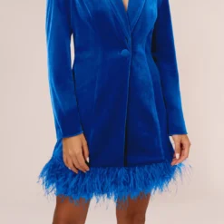 Long Sleeve Velvet Tuxedo Dress With Feather Hem In Deep Ocean -Cheap Vesta Gleam Store MN1E208384 AT414 Regular Lifestyle