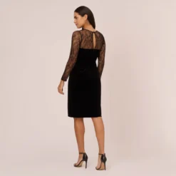 Long Sleeve Velvet Midi Dress With Sheer Lace Details In Black -Cheap Vesta Gleam Store MN1E208385 AA002 Regular Back