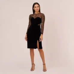 Long Sleeve Velvet Midi Dress With Sheer Lace Details In Black -Cheap Vesta Gleam Store MN1E208385 AA002 Regular Front