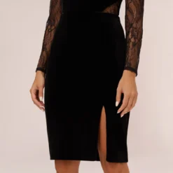 Long Sleeve Velvet Midi Dress With Sheer Lace Details In Black -Cheap Vesta Gleam Store MN1E208385 AA002 Regular Lifestyle