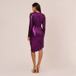 Metallic Knit Long Sleeve Asymmetrical Dress With Ruched Details In Wild Orchid -Cheap Vesta Gleam Store MN1E208390 AD510 Regular Back